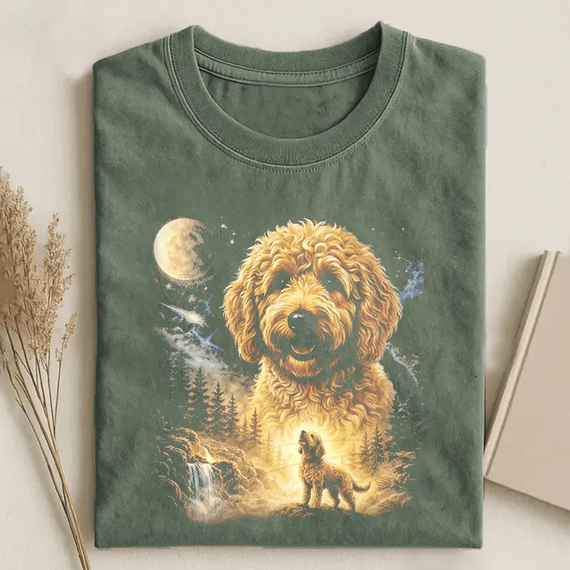 Goldendoodle Moon Night T-Shirt Mystical Doodle Dog Lover Tee Fantasy Dog Portrait Shirt Gift For Dog Owners