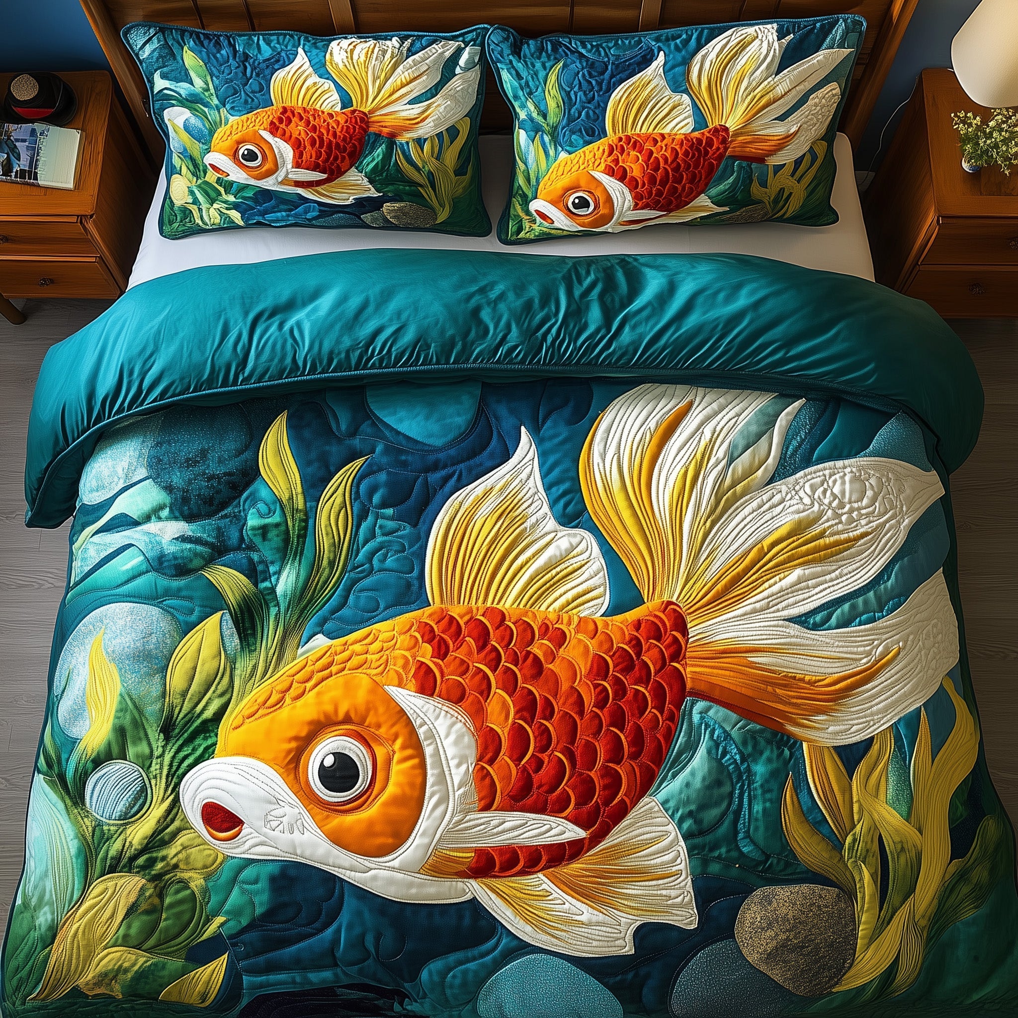 Goldfish Quilted Bedding Set Duvet Cover Merchandise Fishing Gift Ideas For Him
