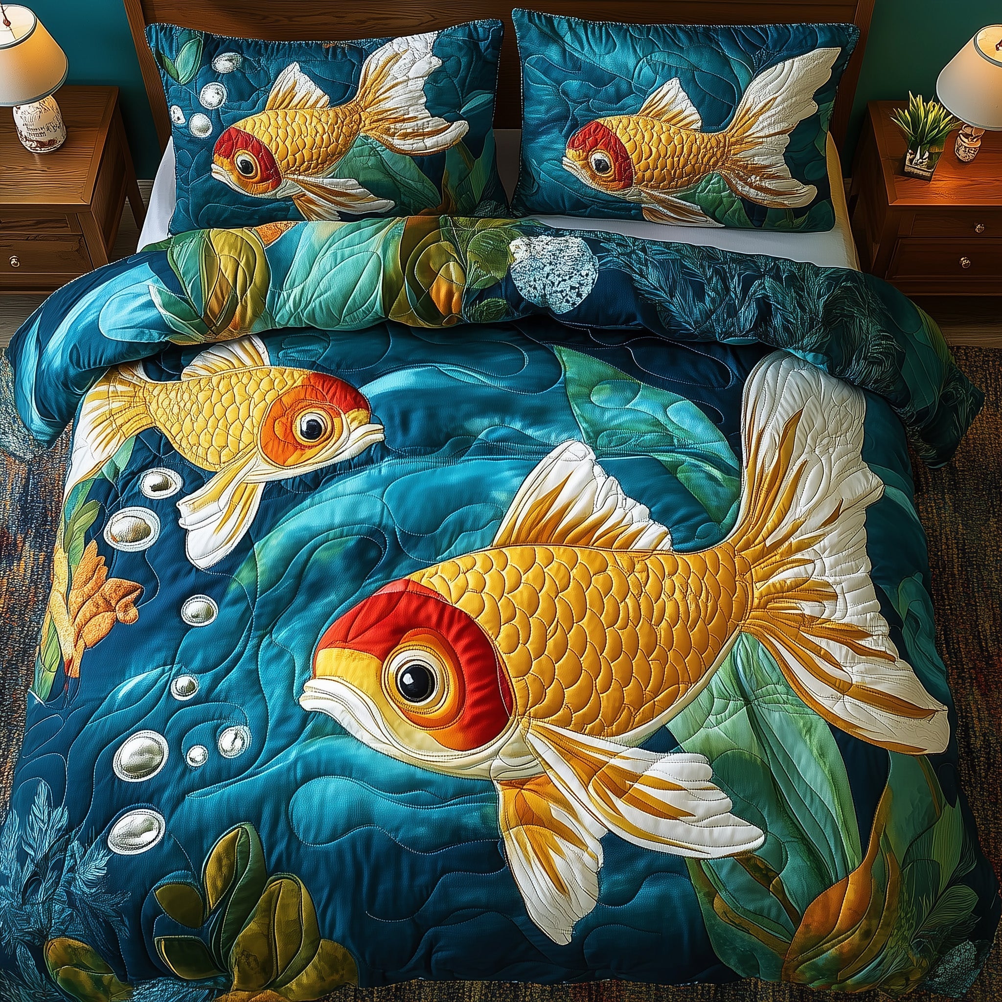 Goldfish Quilted Bedding Set Duvet Cover Merchandise Fishing Valentines Gifts