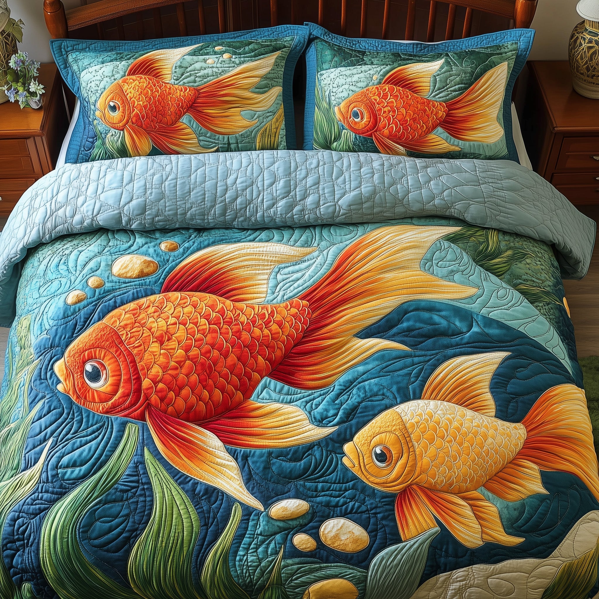 Goldfish Quilted Bedding Set Duvet Cover Merchandise Good Fishing Gifts