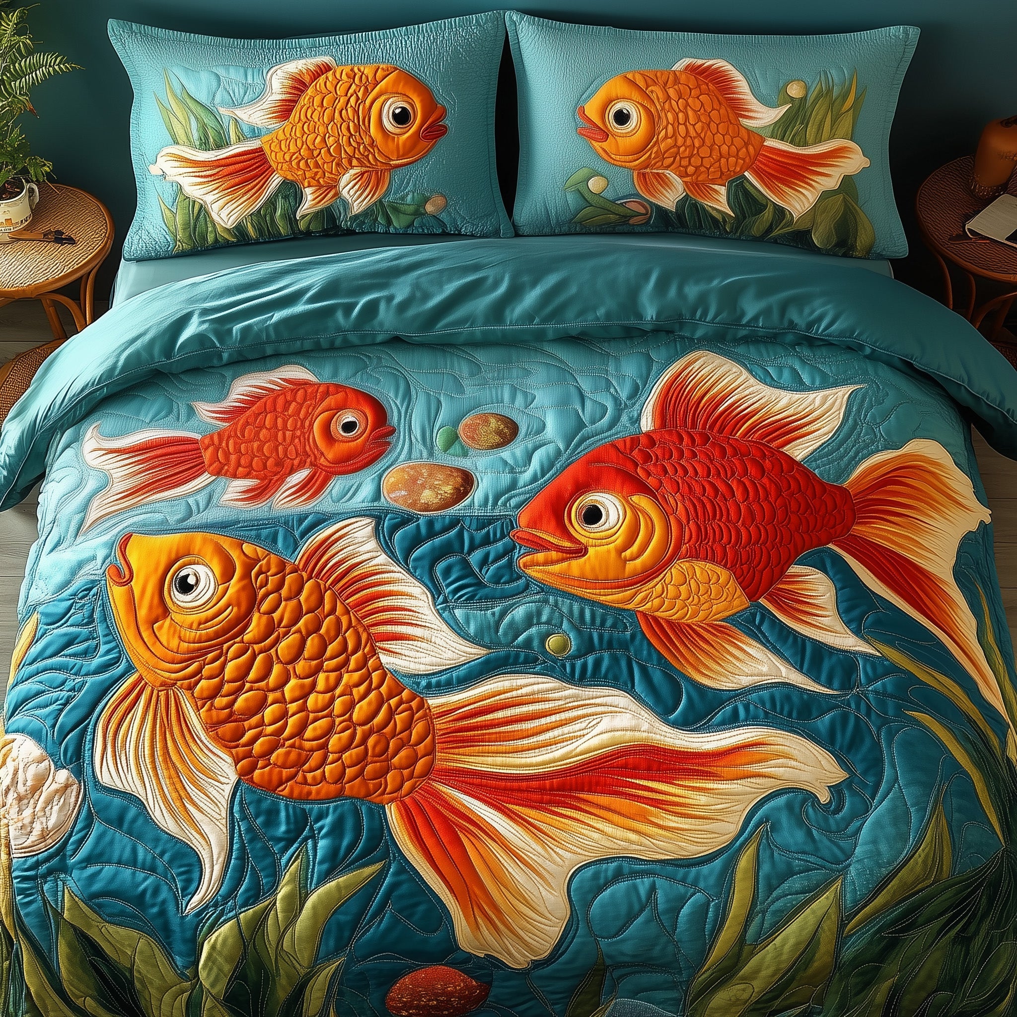 Goldfish Quilted Bedding Set Duvet Cover Merchandise Good Gifts For Fishermen