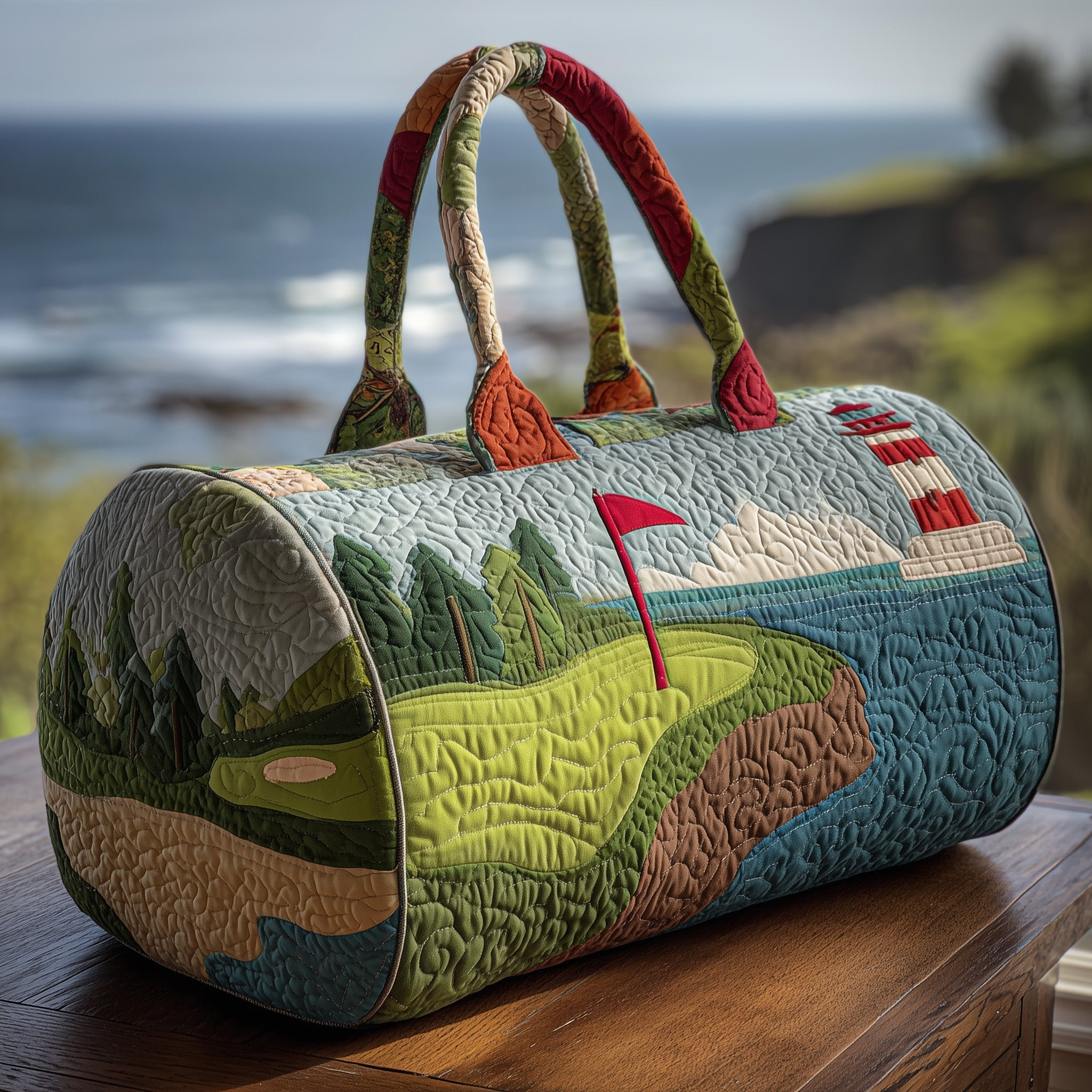Golf Horizon Quilted Duffle Bag Scenic Golf Course Lighthouse Best Gift For Golfers