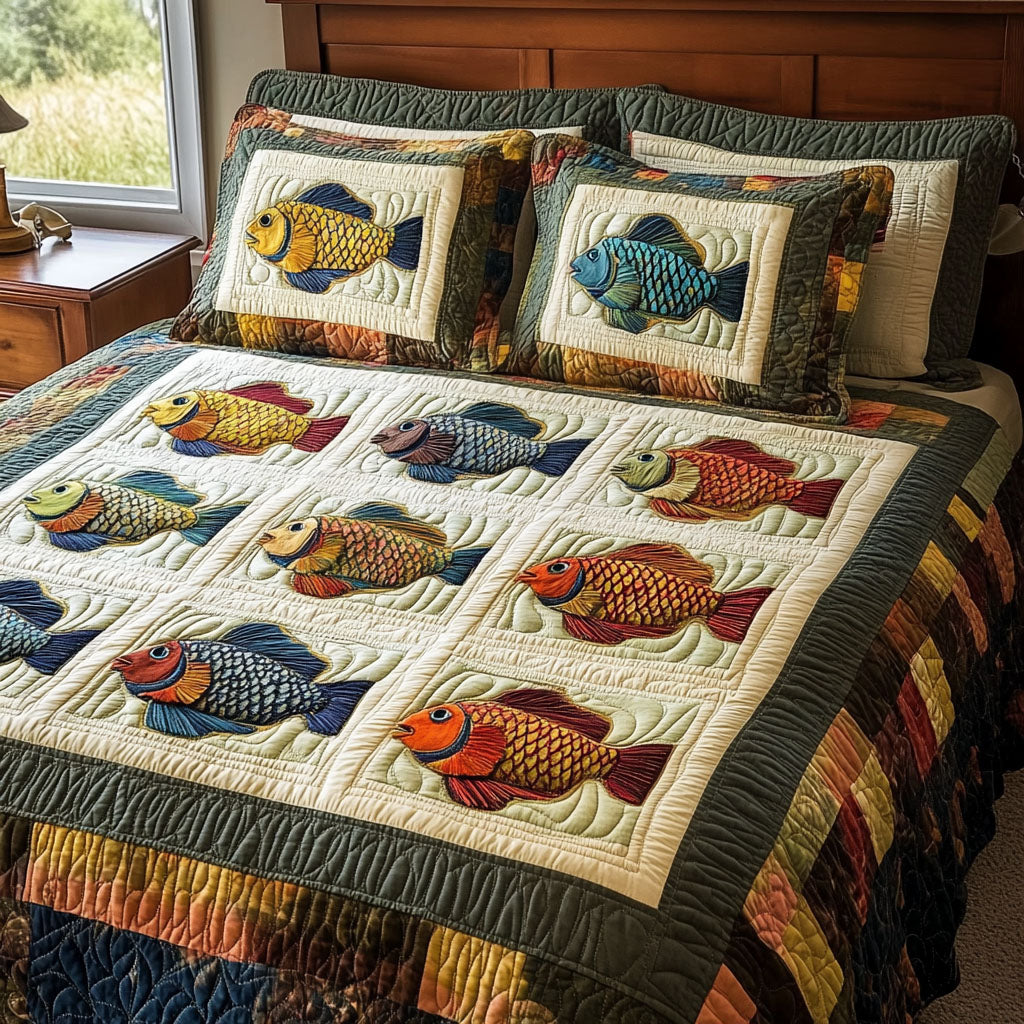 Gone Fishing Quilted Bedding Set Aesthetic Room Decor Best Fishing Stuff Theme Gifts