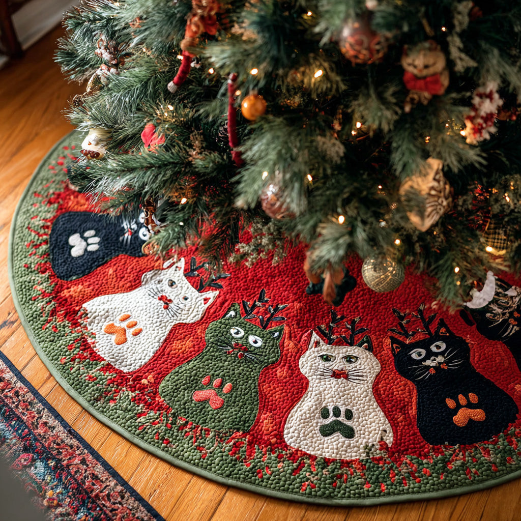 Goofy Kitty Christmas Quilted Tree Skirt Tree Decor Xmas Cat Lover Gifts