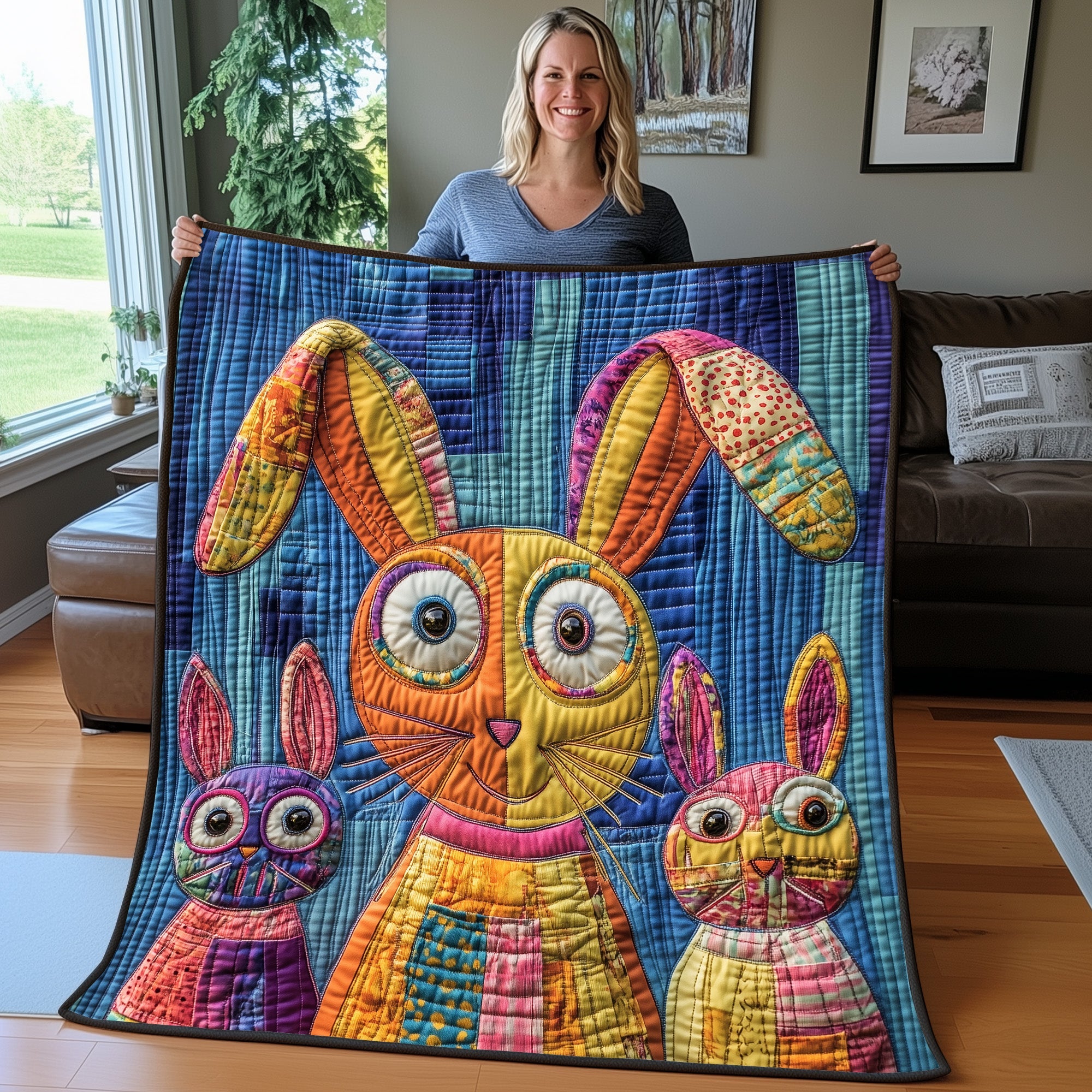 Goofy Rabbit Snuggle Quilted Blanket Cute Bed BlanketPresents For Bunny Lovers