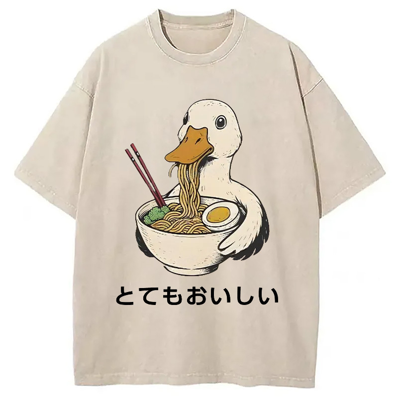 Goose Eating Delicious Ramen Washed T-Shirt Unique Aesthetic Fashion Tee Gifts For Besties