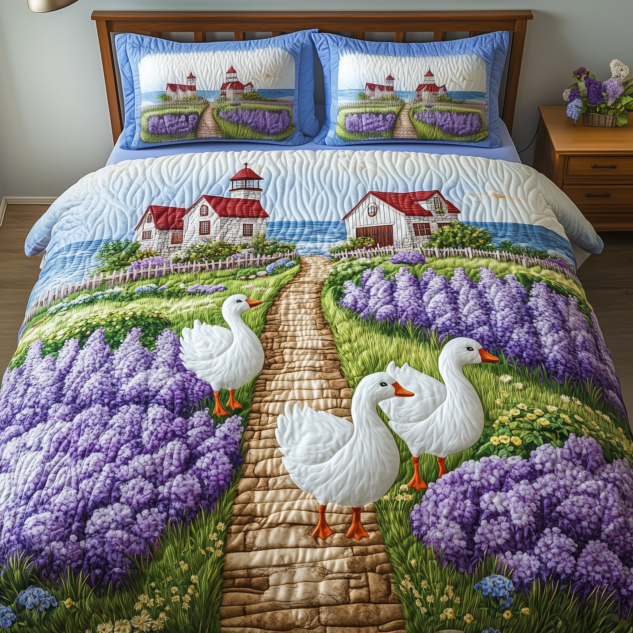 Goose Peaceful Town Quilted Bedding Set Dreamy Town With Hydrangeas Best Home Bedroom Decor
