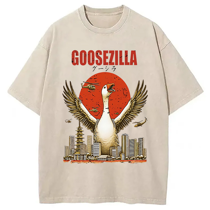 Goosezilla Japanese Art Funny Goose Washed T-Shirt Cool Urban Street Style Shirt Gifts For Sister
