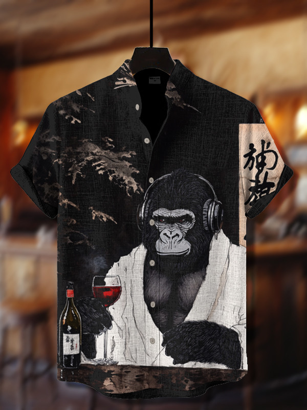 Gorilla In Bathrobe Holding Red Wine And Headphones Japanese Art Hawaiian Shirt Gifts For Him