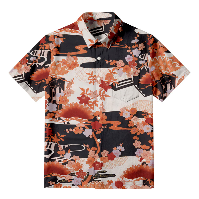 Goshodoki Silk Aloha Button Up Shirt Japanese Inspired Design Retro Vintage Art Shirt Gifts