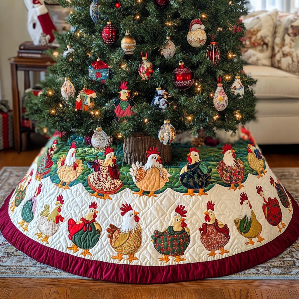 Gossiping Chickens Quilted Tree Skirt Christmas Xmas Tree Base Cover Decorations Gifts For Chicken Lovers