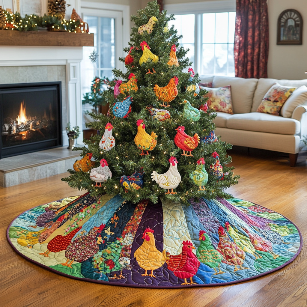 Gossiping Chickens Quilted Tree Skirt Xmas Tree Surround Decorations Best Christmas Chicken Themed Gifts
