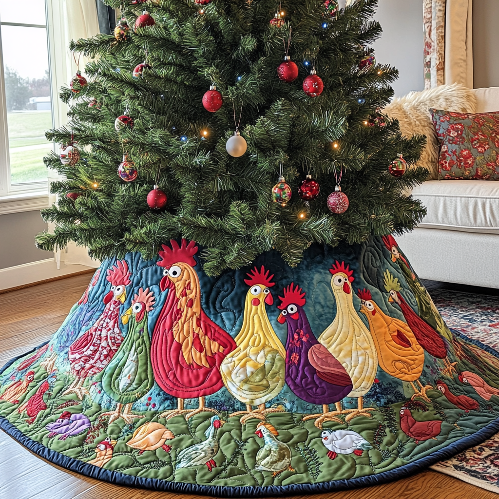Gossiping Chickens Quilted Tree Skirt Xmas Tree Surround Decorations Best Christmas Chicken Themed Gifts