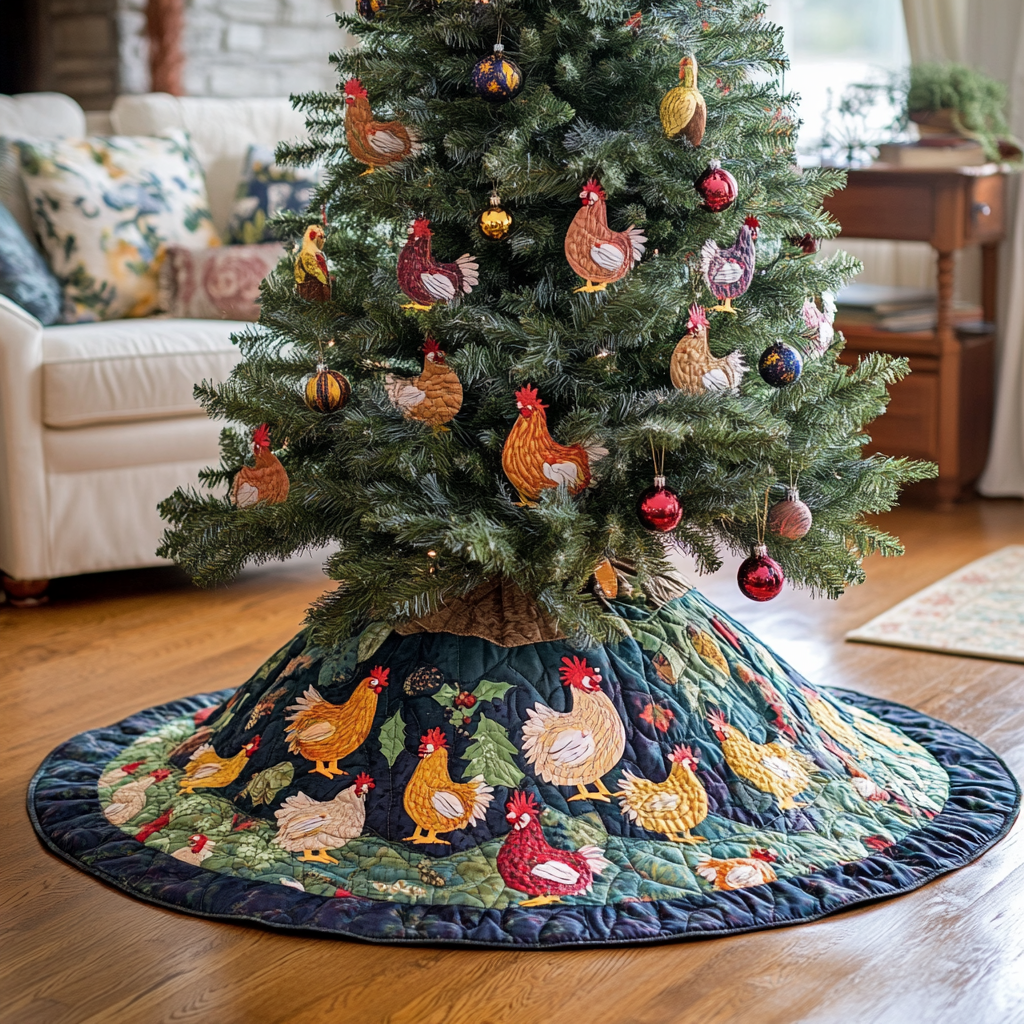 Gossiping Chickens Quilted Tree Skirt Xmas Tree Surround Decorations Best Christmas Chicken Themed Gifts