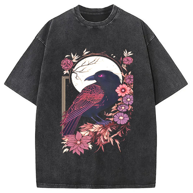 Goth Raven Moon Washed T-Shirt Soft Comfortable Daily T Shirt Gifts For BFF
