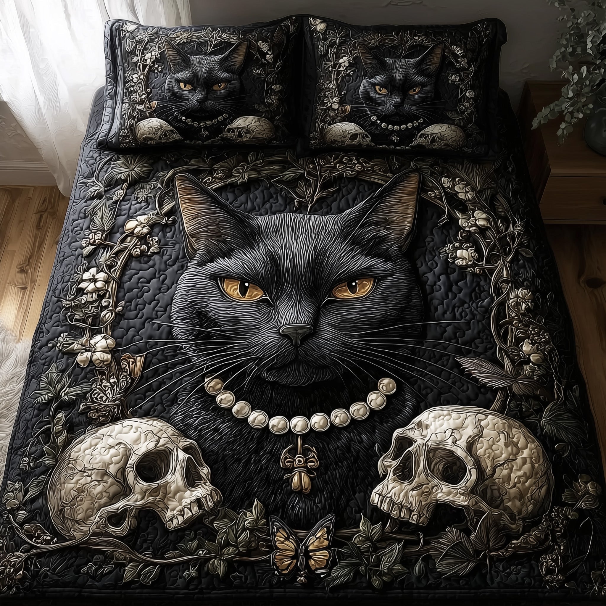 Gothic Cat Quilted Bedding Set Unique Pattern