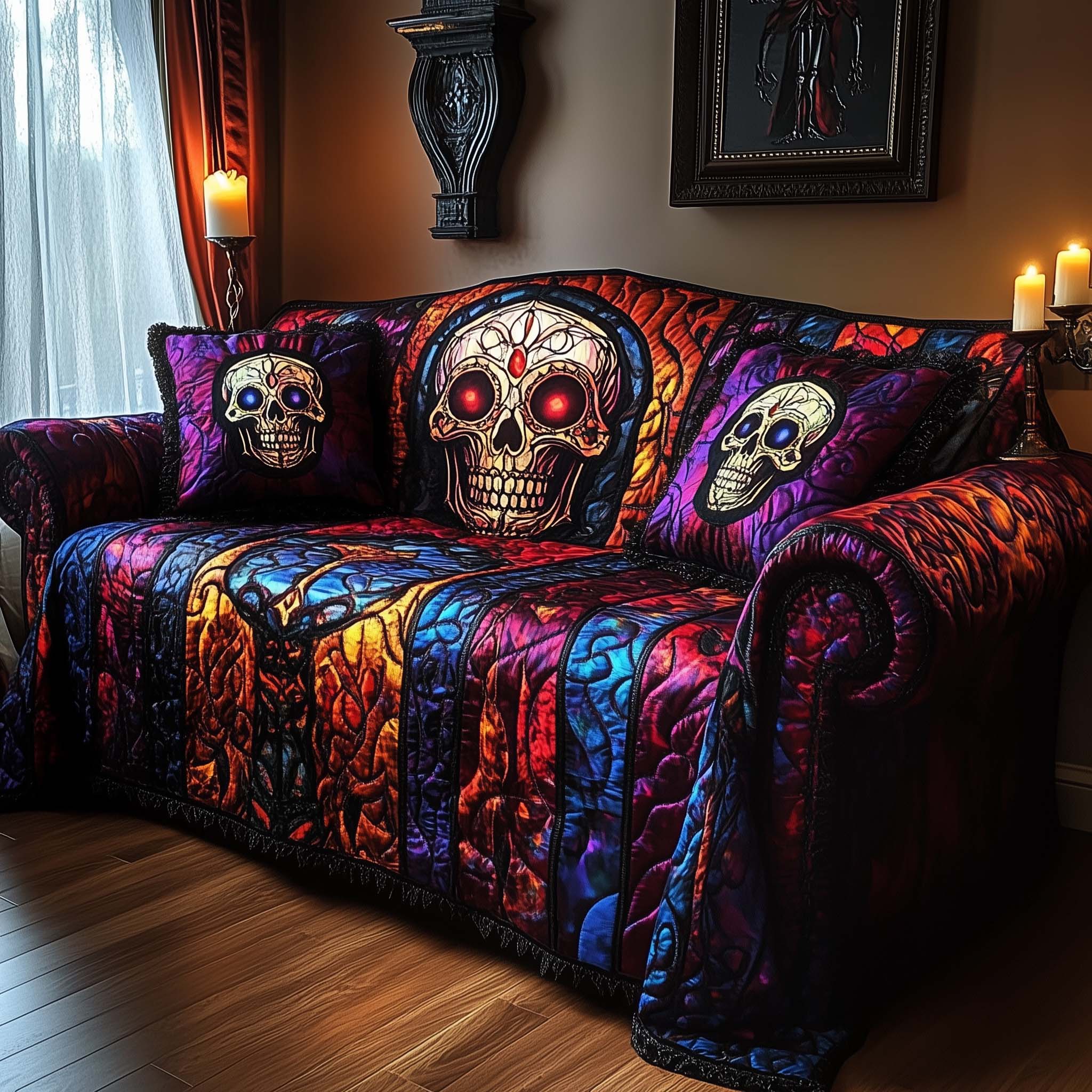 Gothic Cathedral Skull Quilted Sofa Cover Edgy Architectural Skull Graphic Cover Themed Gifts