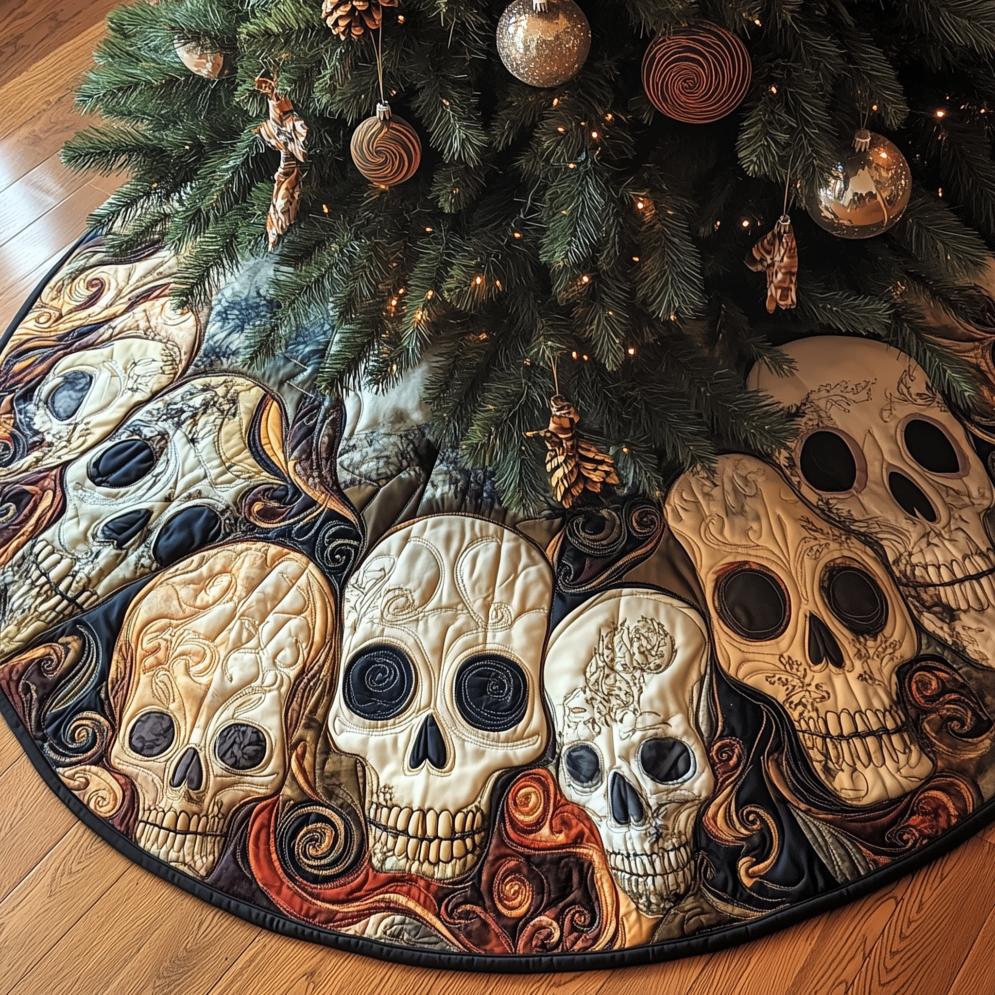 Gothic Cosmic Skull Christmas Tree Skirt Quilted Handmade Galaxy Holiday Decoration Gift Idea