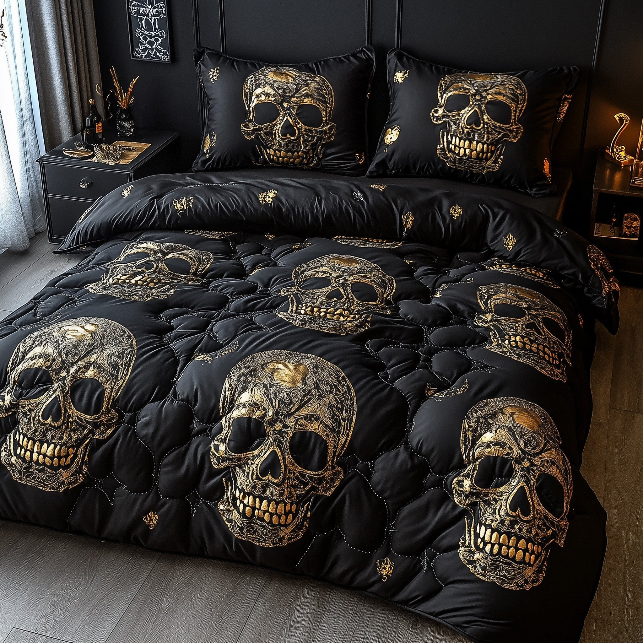 Gothic Skull Quilted Bedding Set Dark Skull Design Unique Skull Bedding Gifts