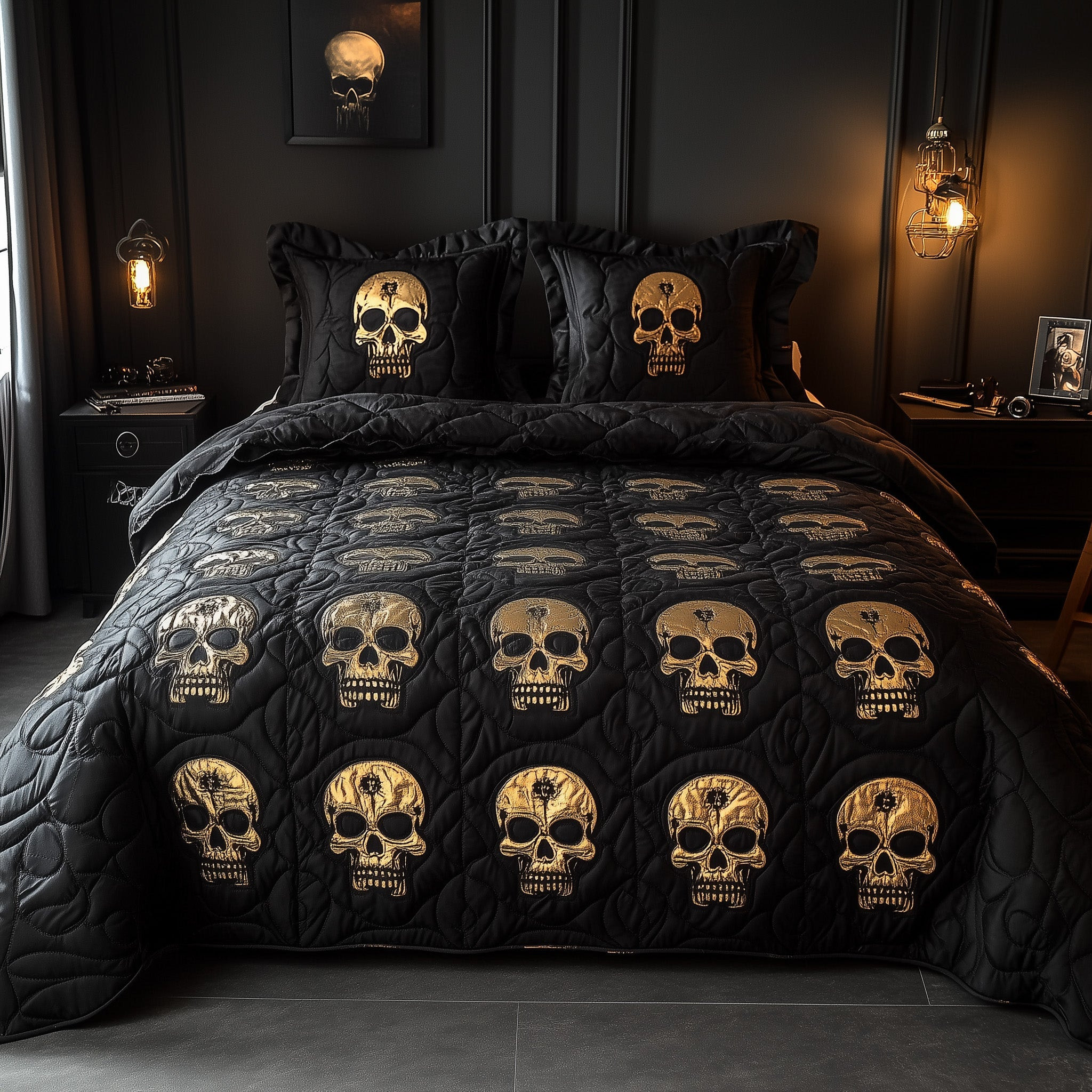 Gothic Skull Quilted Bedding Set Gothic Halloween Decor Horror Skull Bedding Gifts