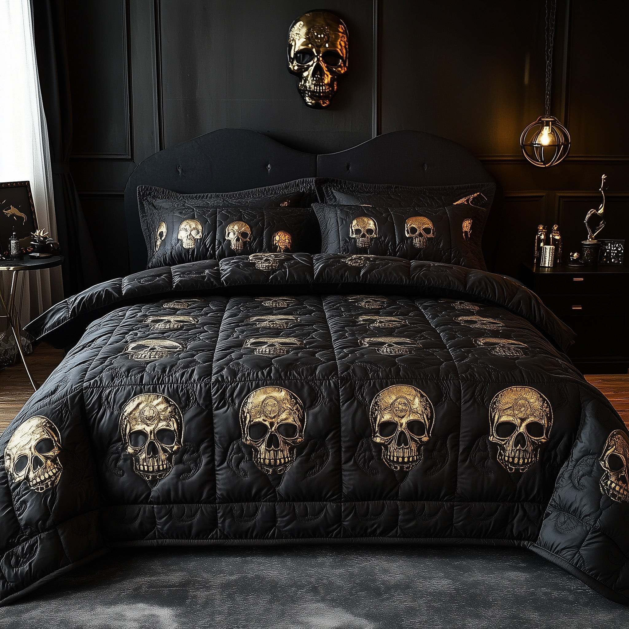 Gothic Skull Quilted Bedding Set Gothic Skull Illustration Unique Skull Bedding Gifts