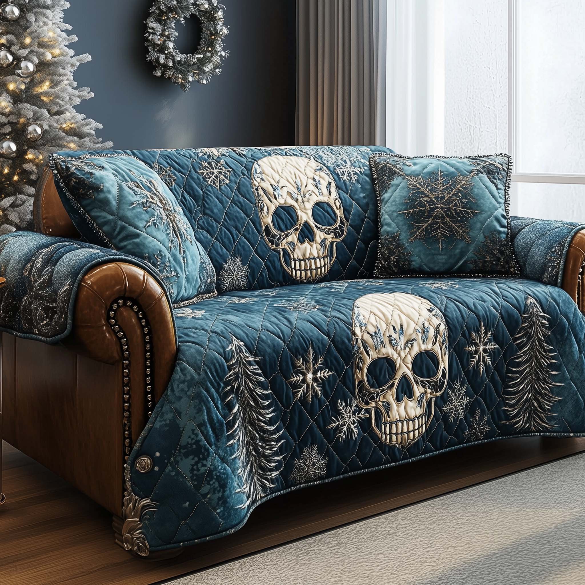 Gothic Winter Skull Quilted Sofa Cover Icy Blue Winter Skull Graphic Cover Themed Gifts