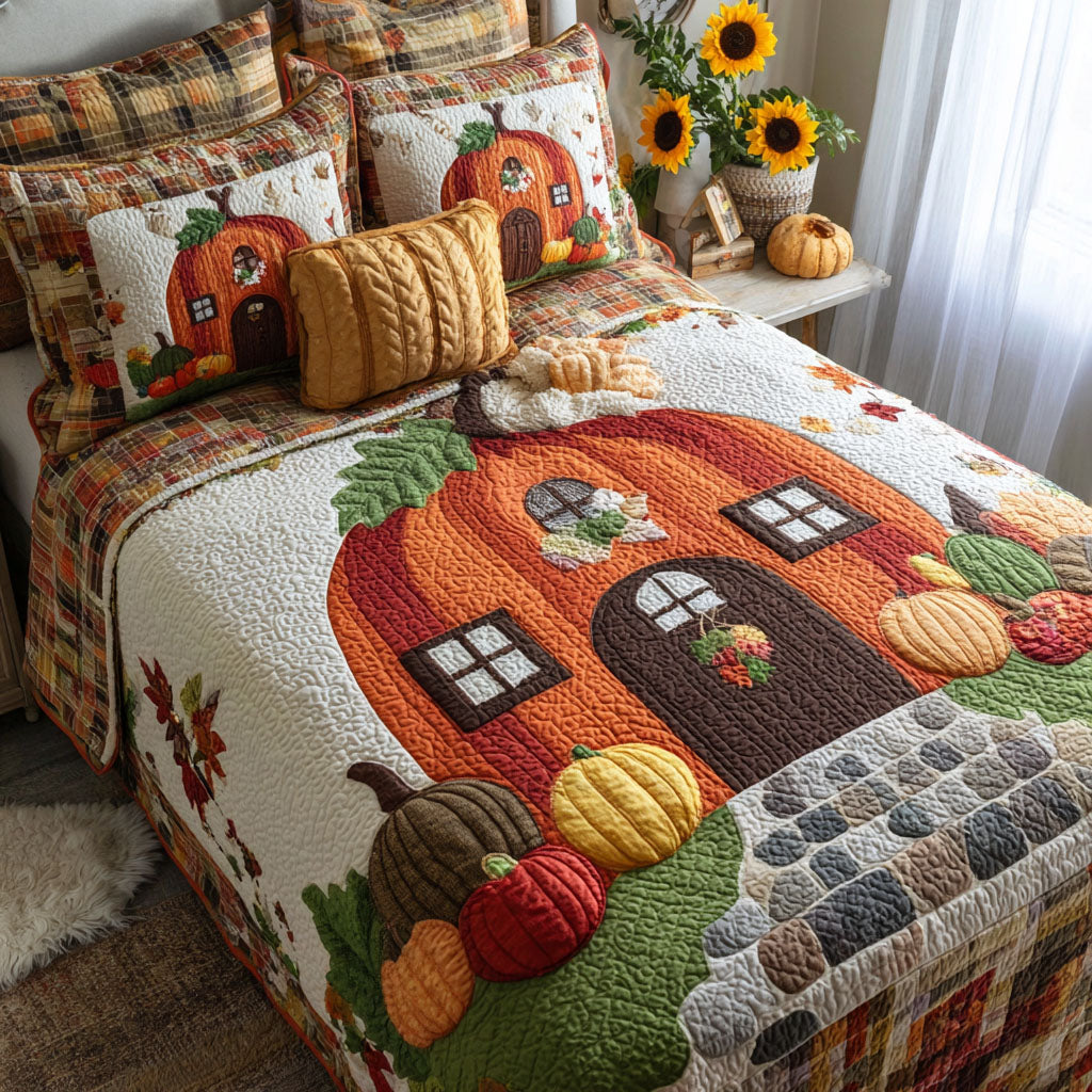 Gourd Grove Retreat Quilted Bedding Set Bed Decor Cute Fall Gifts