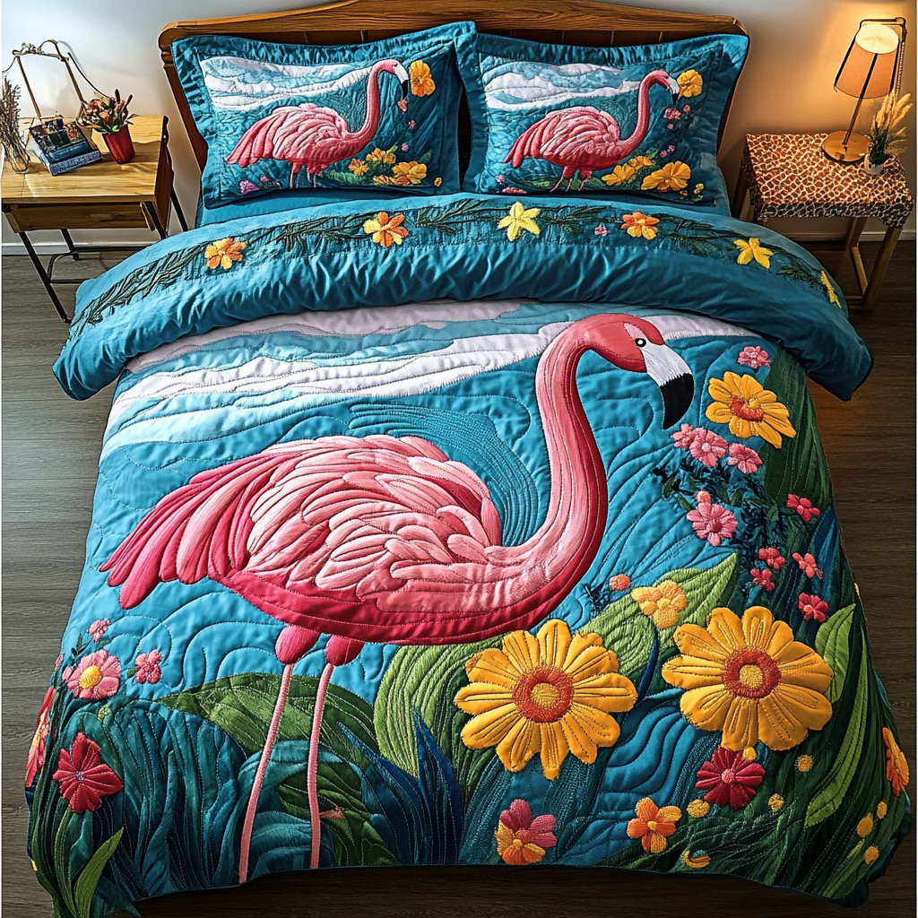 Graceful Flamingo Quilted Bedding Set Best Bedding Gift for Holiday Season 2025