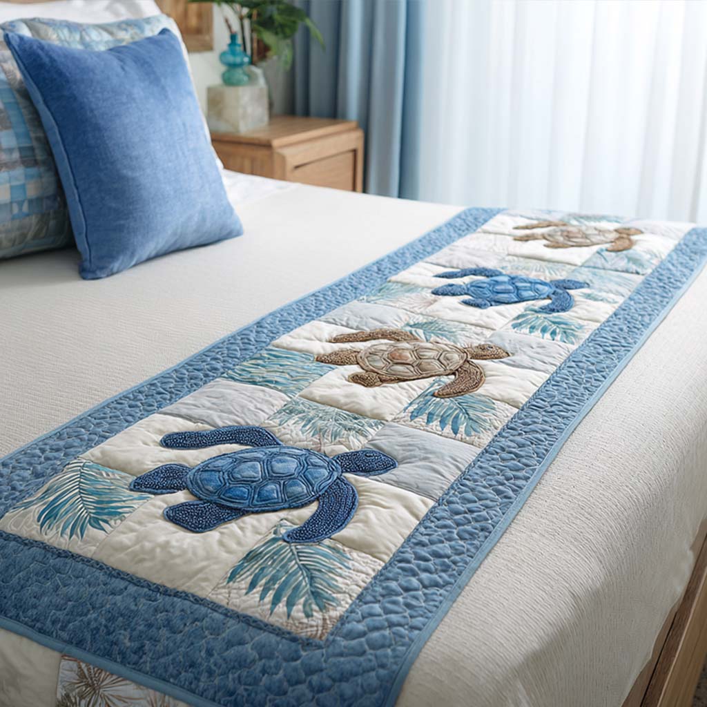 Graceful Glide Quilted Bed Runner Cute Room Decor Unique Sea Turtle Gifts