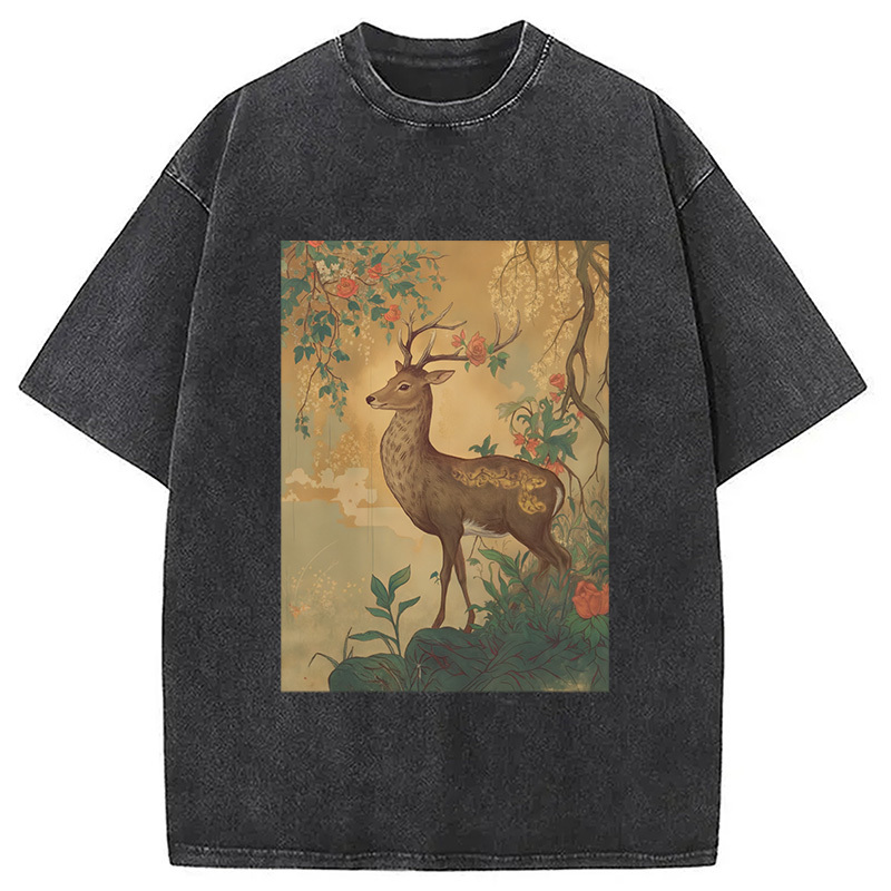 Graceful Japanese Deer Washed T-Shirt Retro Humor Graphic Top Gifts For Her