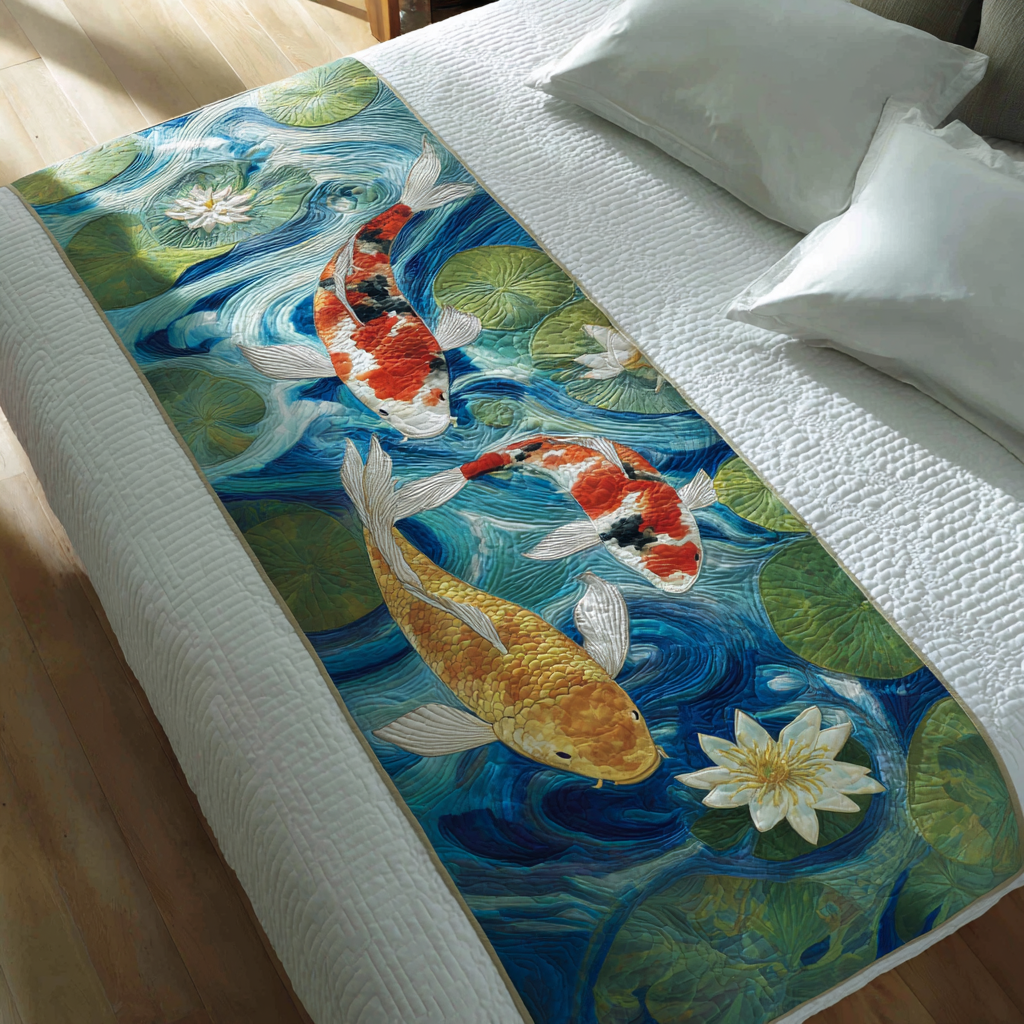 Graceful Koi Quilted Bed Runner Bed Decor Koi Fish Merchandise