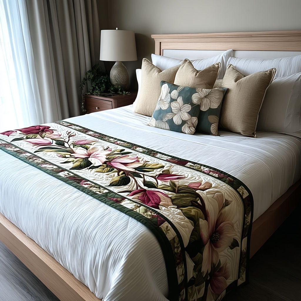 Graceful Magnolia Bouquet Quilted Bed Runner Bed Room Decoration Christmas Floral Gifts