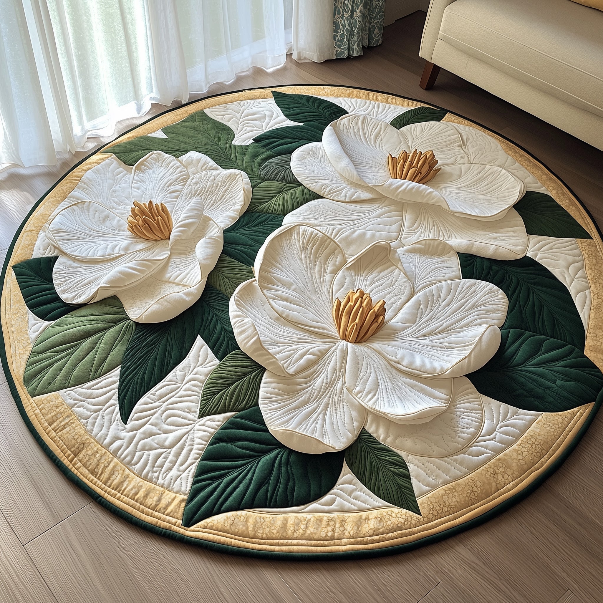 Graceful Magnolia Quilted Round Mat Halloween Gift(1)