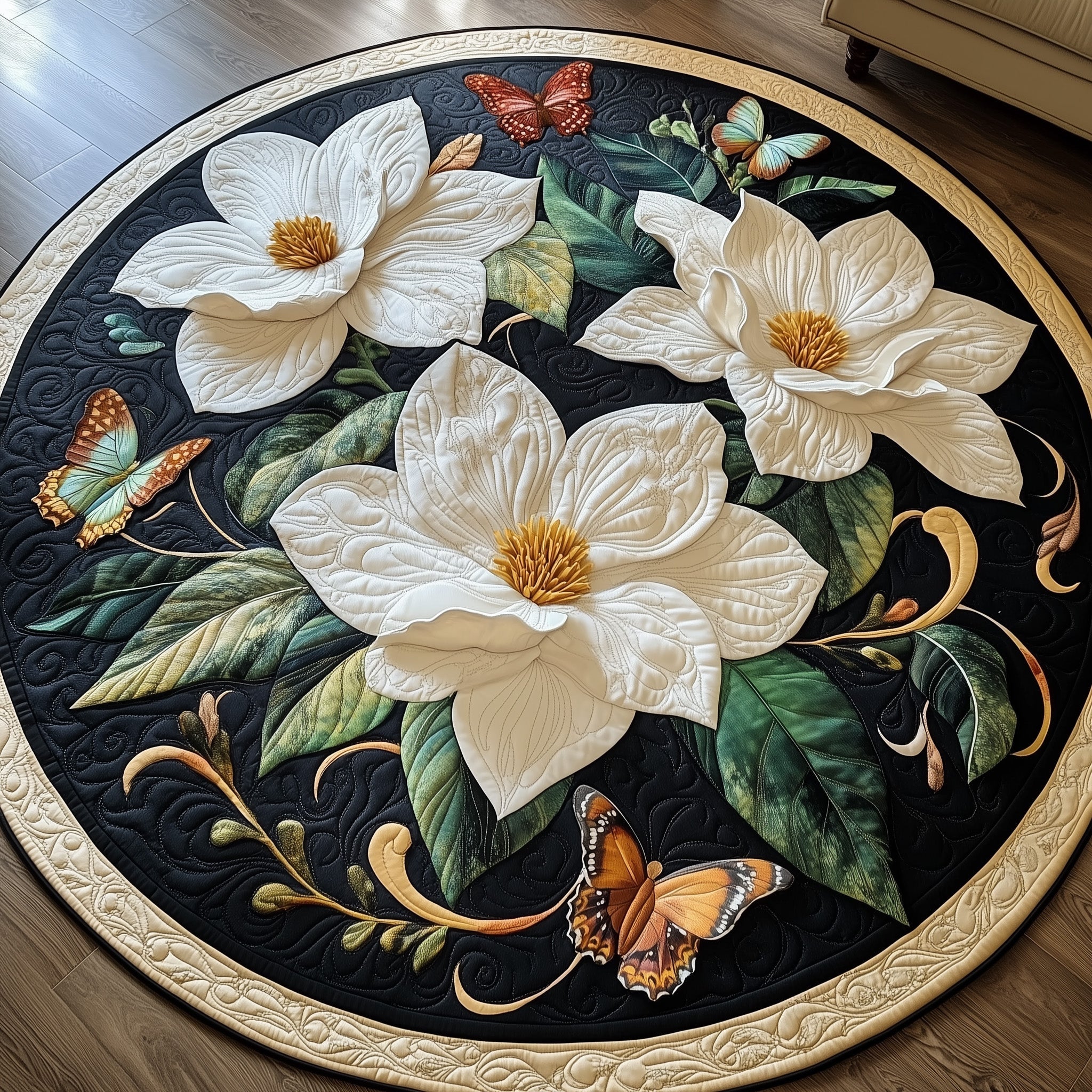 Graceful Magnolia Quilted Round Mat Handcrafted Quilted Round Mat for Special Touch