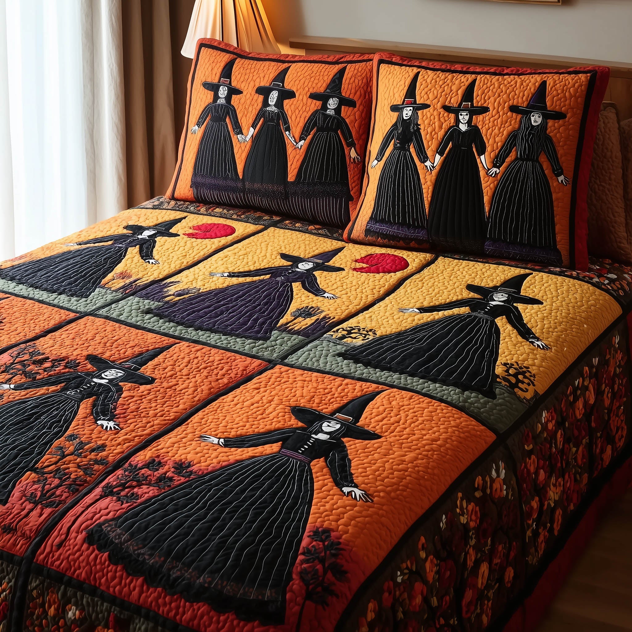 Gracefully Witchy Quilted Bedding Set Duvet Cover Bedspread Gift For Halloween