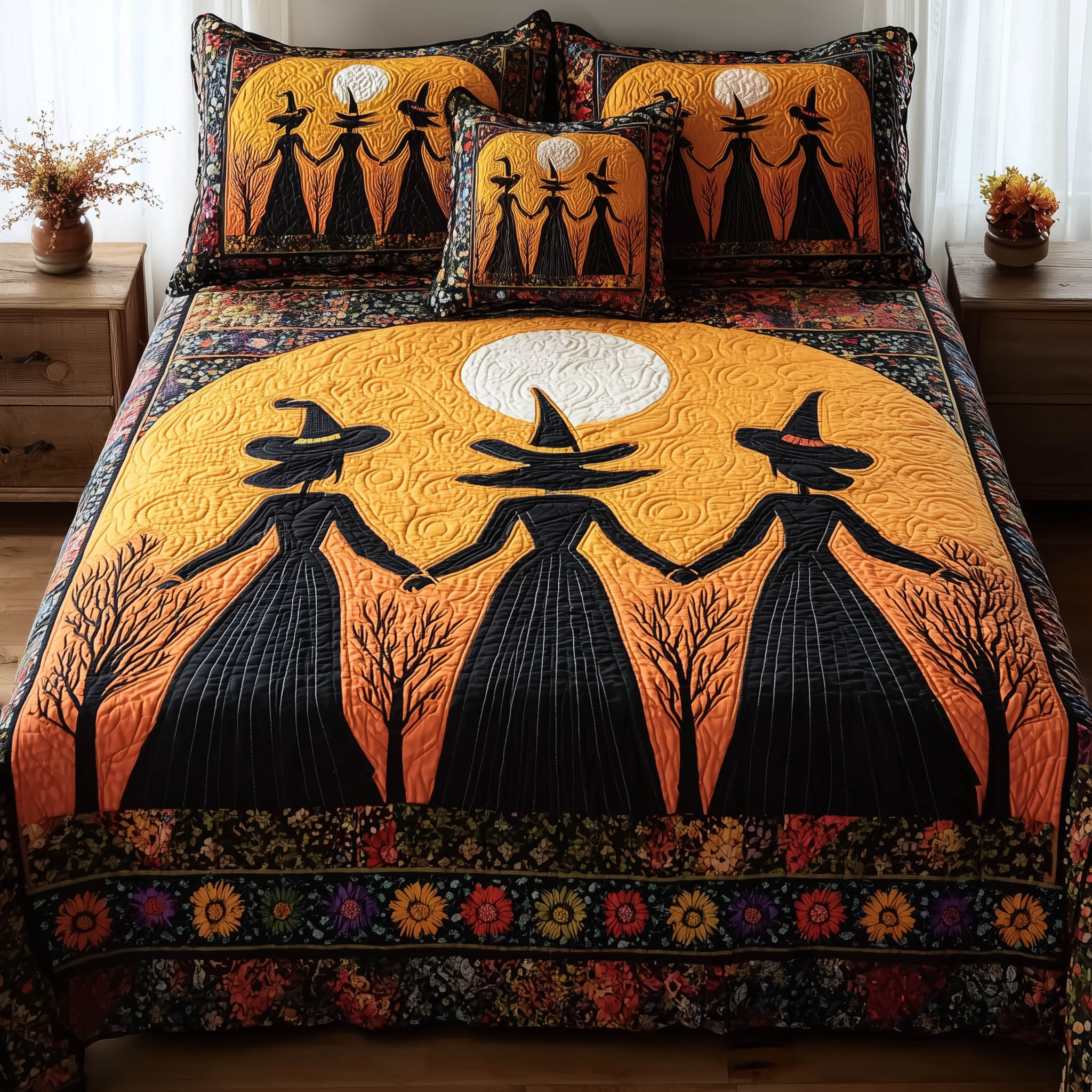 Gracefully Witchy Quilted Bedding Set Duvet Cover Bedspread Halloween Gifts For Adults
