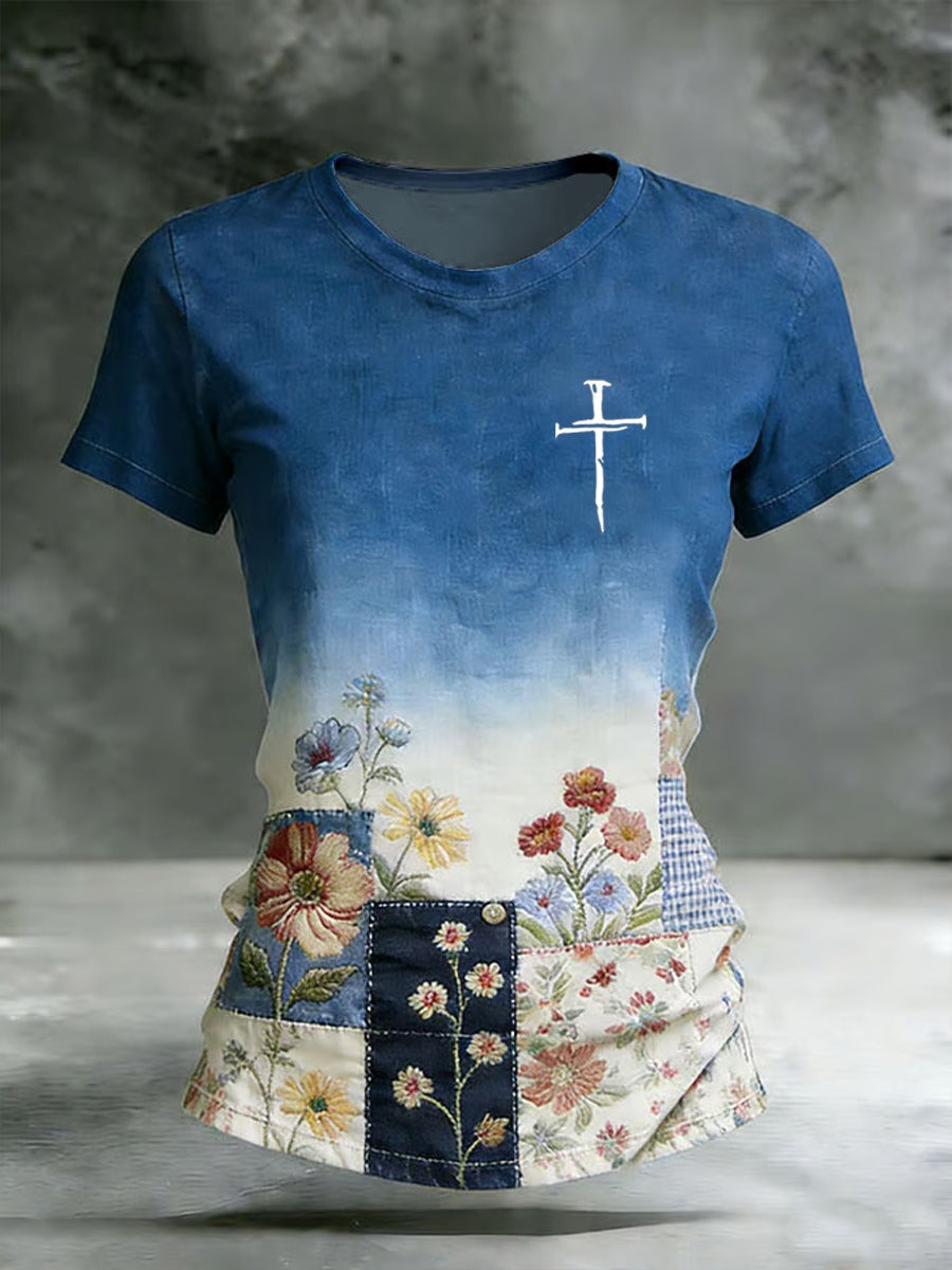 Gradient Floral Cross Christian T-Shirt Patchwork Faith Shirt Gift For Christian Women