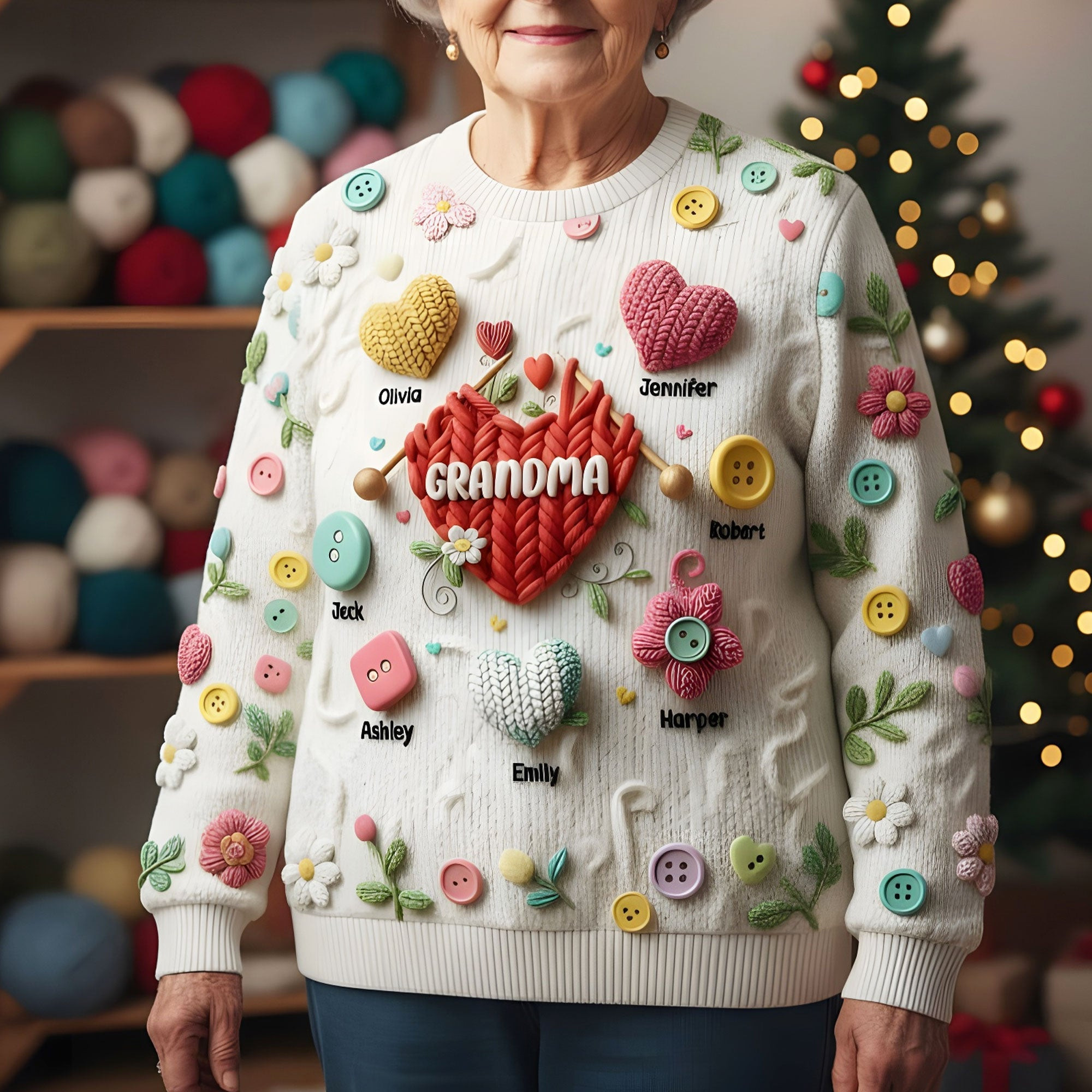 Grandma Knitting With Heart Sweater - Personalized Gifts For Grandma & Mom - Silly Christmas Gifts For Coworkers