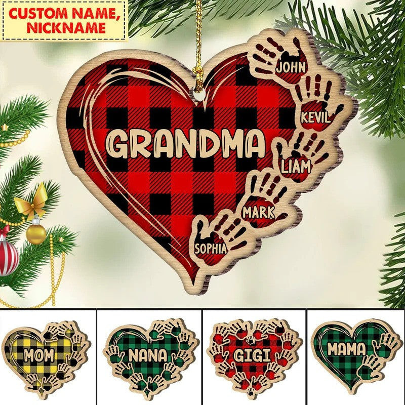 Grandma Mom Heart Hand Print With Kids Grandkids Personalized Wood Ornament for Tree Decor