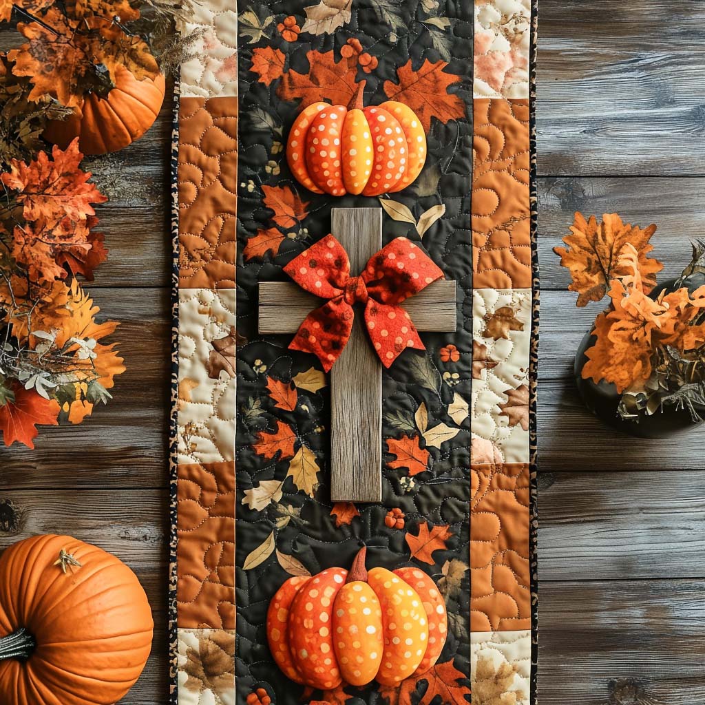 Grateful with Cross Quilted Table Runner Fall Table Runner Decor Gifts For Christians