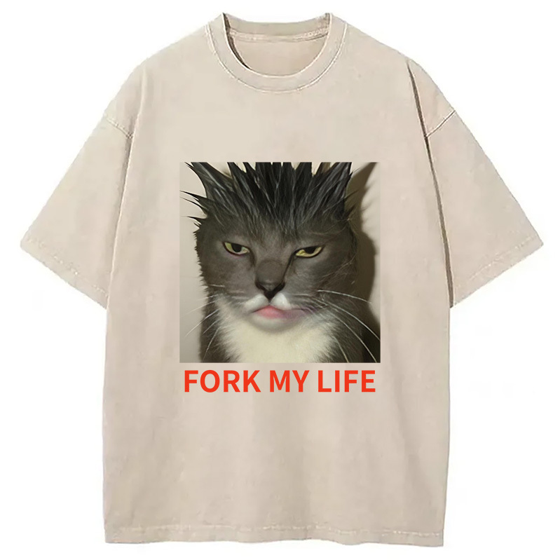 Gray Cat Fork My Life Washed T-Shirt Cool Urban Street Style Shirt Gifts For Her Gray Cat Fork My Life Washed T-Shirt Cool Urban Street Style Shirt Gifts For Her