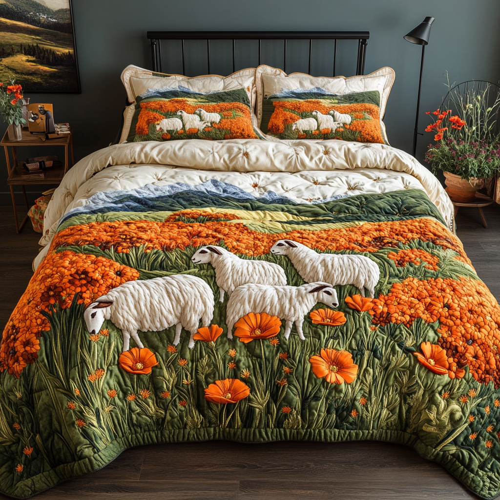Grazing Calm Quilted Bedding Set Bed Decor Sheep Related Presents
