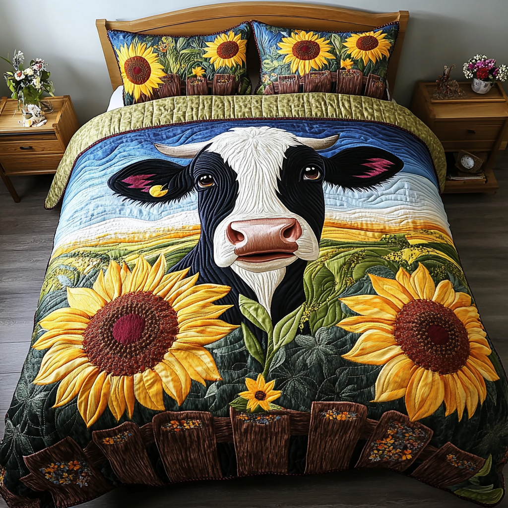 Grazing Glow Quilted Bedding Set Cute Room Decor Gifts For Cattle Lovers
