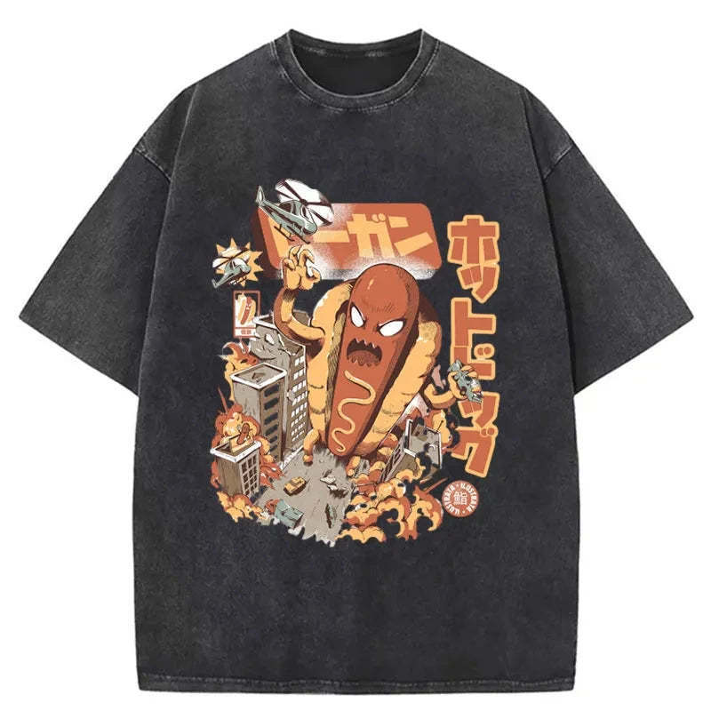 Great Hot Dog Kaiju Japanese Washed T-Shirt Funny Aesthetic Trendy Apparel Gifts For Him Great Hot Dog Kaiju Japanese Washed T-Shirt Funny Aesthetic Trendy Apparel Gifts For Him