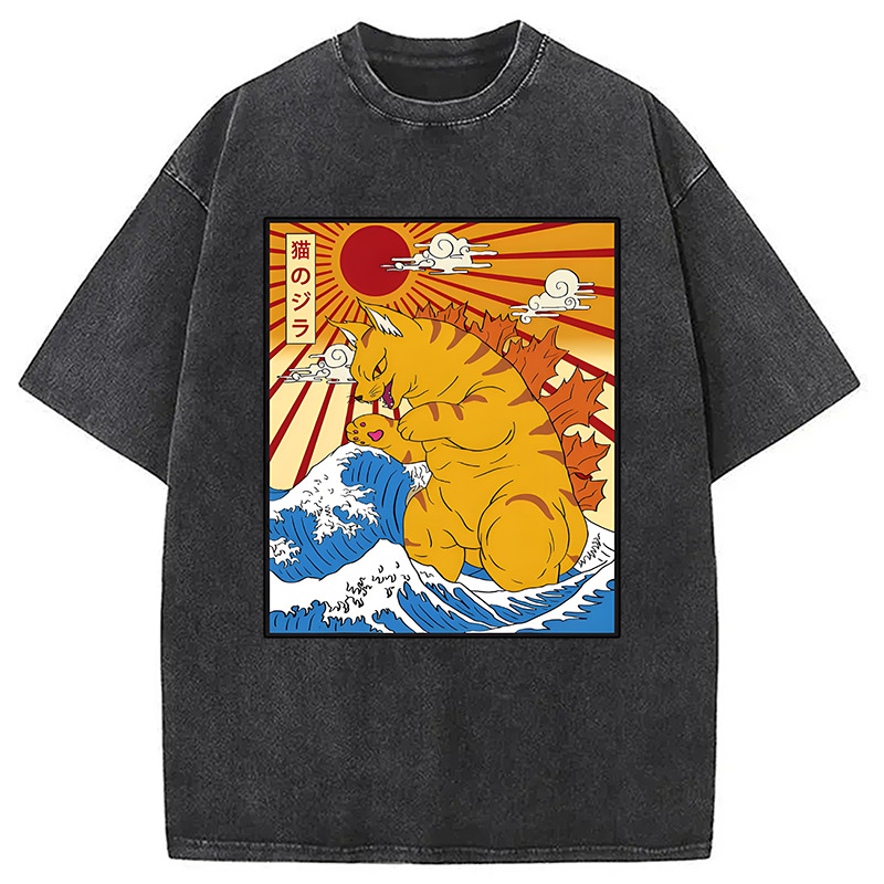 Great Wave of Kanagawa Japanese Cat Washed T-Shirt Funny Quote Unisex Shirt Gifts For Her