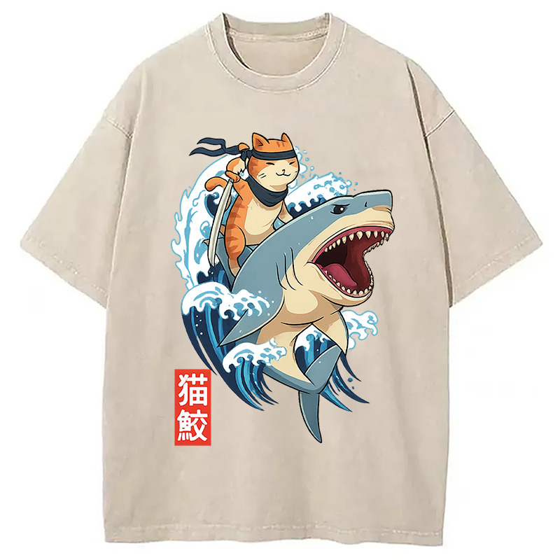 Great Wave Off Kanagawa Cat Washed T-Shirt Retro Humor Outfit Idea Gifts For Sister