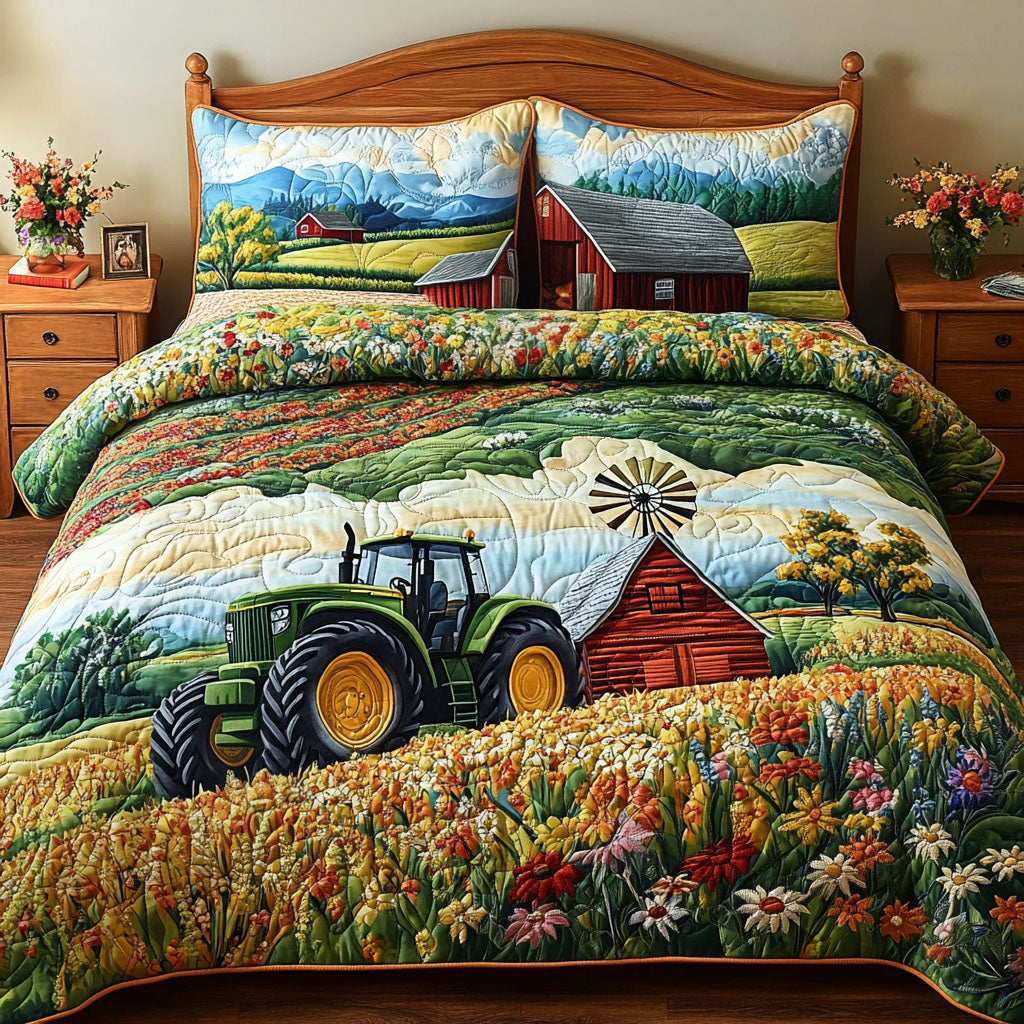Green Acres Quilt Quilted Bedding Set Bed Decor Tractor Gifts For Dad
