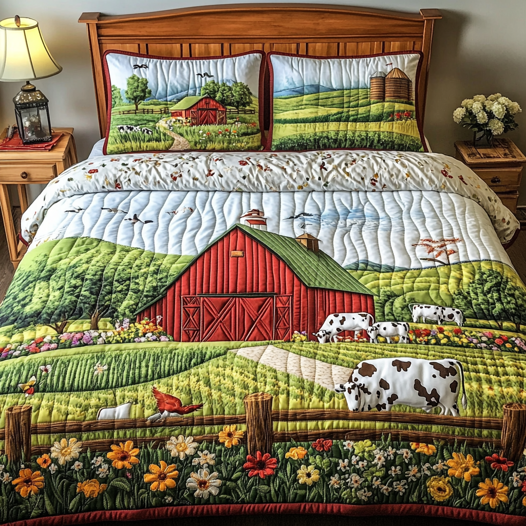Green Acres Quilted Bedding Set Farmhouse Bed Decor Family Present Ideas
