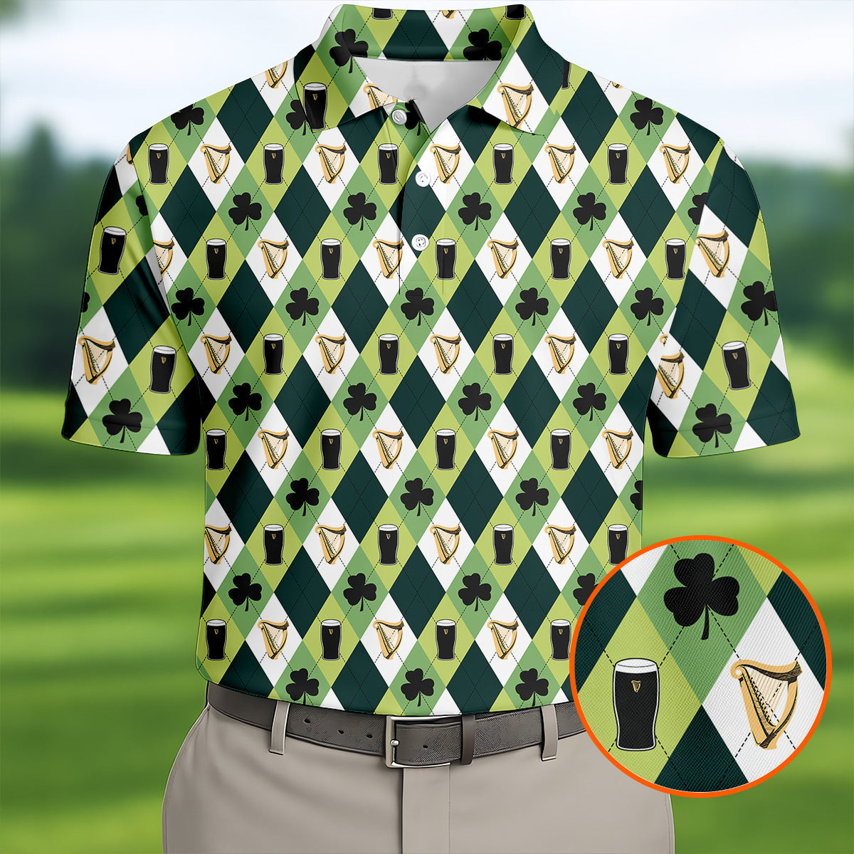 Green And White Argyle Pattern Beer St Patrick's Day Polo Shirt Guinness Golf Shirt