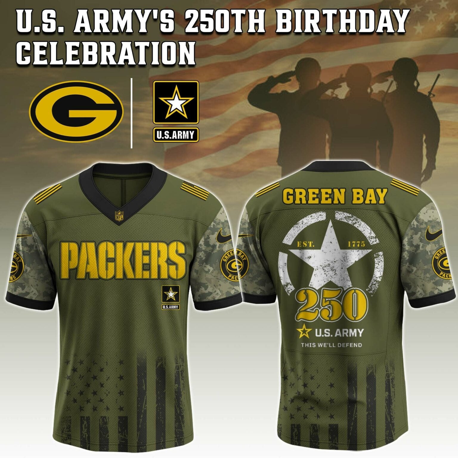Green Bay Packers NFL x 250 US ARMY Jersey Unique Gifts For Football Lovers